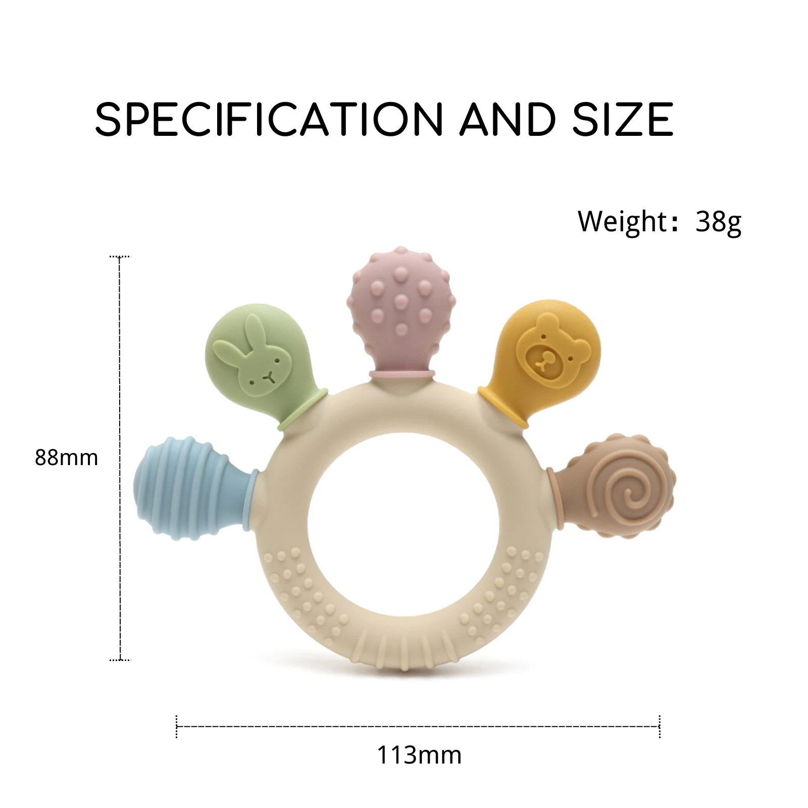 Erduo Silicone Baby Teether has 38g and 88mm x 113mm dimensions